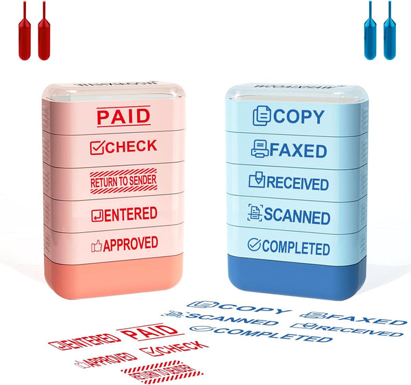 Building Blocks Office 10-Piece Stamps Set - Paid, Scanned, Copy, Faxed, Refillable Self Inking Business Stamp