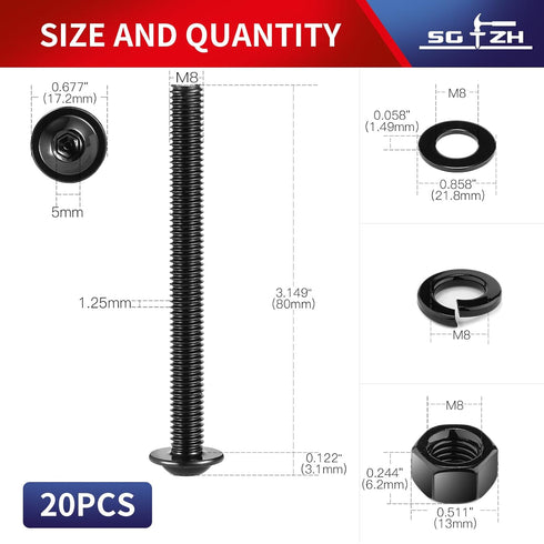 M8 x 80mm Flanged Button Head Socket Cap Screws Bolts, Nuts, Washers, 20Pcs 18-8 (304) Stainless Steel, Black Oxide
