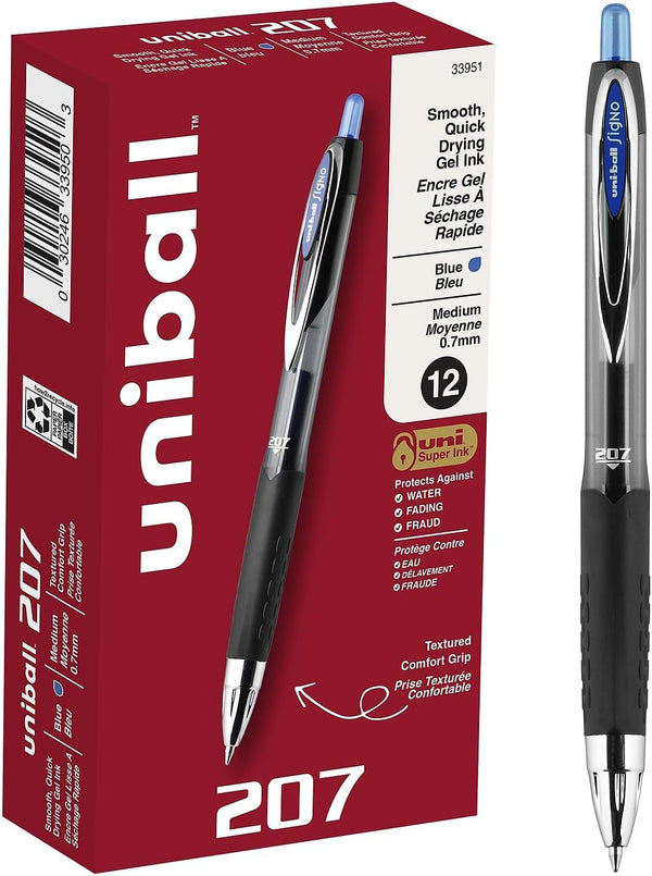 Signo Gel 207 Roller Ball Retractable Gel Pen, Blue Ink, 0.7MM, Dozen