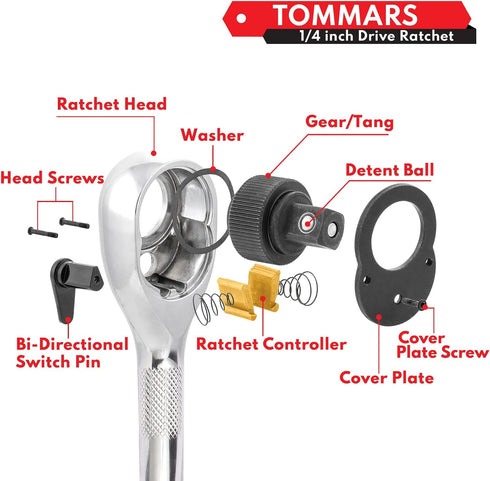 TOMMARS 1/4-Inch Drive Stubby Ratchet Mini Ratchet with Quick-Release Head, 72-Tooth