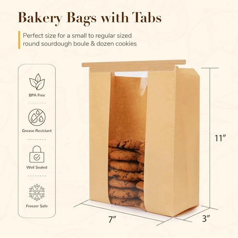 Foranda 200 Pack 7x311 Inches Small Paper Bread Bags for Homemade Bread, Resealable Tin Tie Tab Bakery Bags with Window