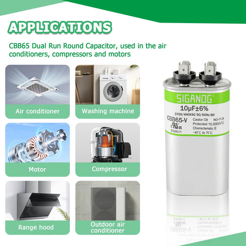10 uF 370 or 440 Volt CBB65 Capacitor for AC Motor Run, Heat Pump, Air Conditioner, HVAC, Replacement 10 MFD