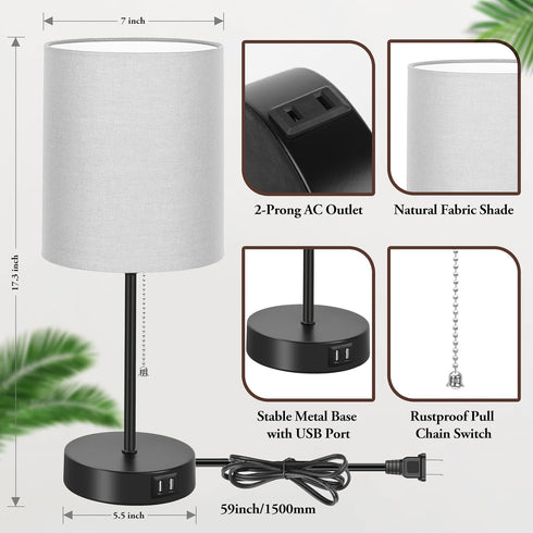 17.3 Set 2 2 Table Lamps of with USB & AC Outlet, Bedside Nightstand Lamps for Bedroom Living Room Kids Room, Desk Lamp