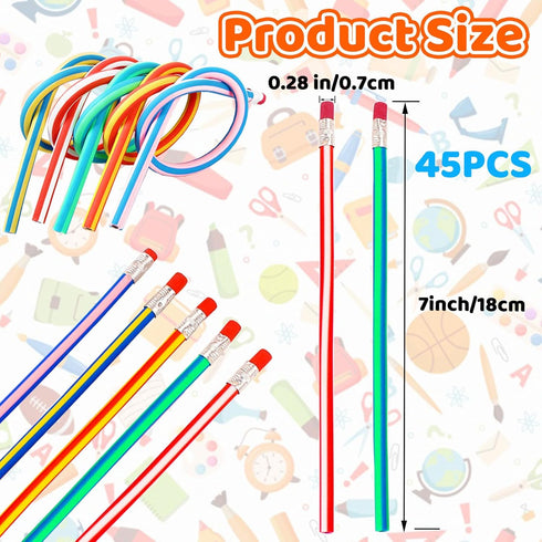 Haawooky 45 Pieces Flexible Soft Colorful Stripe Rubber Pencils with Erasers for Kids Gift