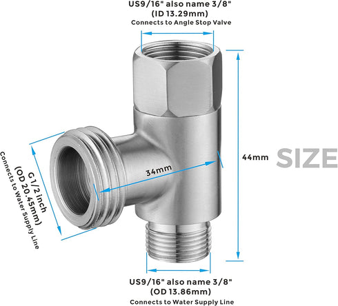3/8 x 1/2 Adapter T Connector Valve, ADD-A-Tee 3 Way Valve Compression Fitting for Bidet Hose, Stainless Steel