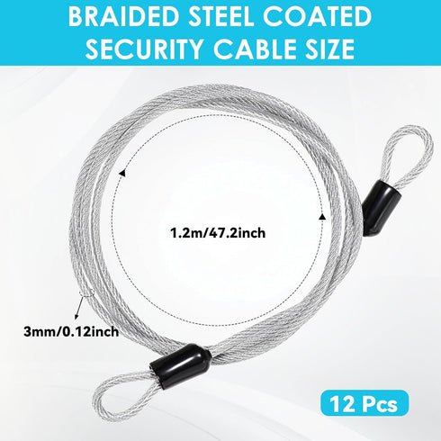 HekouJiub 12 Pack 4FT/48Inch 3mm Security Cable Lock, Steel Cable with Loops, Braided Steel Coated Wire Rope Luggage