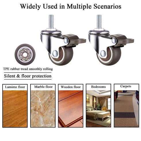 1 Inch Caster Wheels with M6 Threaded Stem - Set of 4 Small Swivel Casters with Brakes for Furniture and Shopping Carts