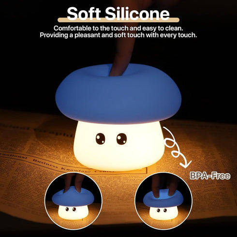 3 Dimmable Cute Blue Mushroom Night Light for Kids Rechargeable, Battery Operated Nightlight Level with RGB&Timer