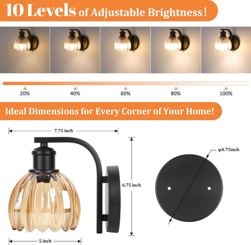 15 VerRon Rechargeable Battery Operated Wall Sconce with Amber Glass Lampshade, Wireless Wall Scone Decor with Remote