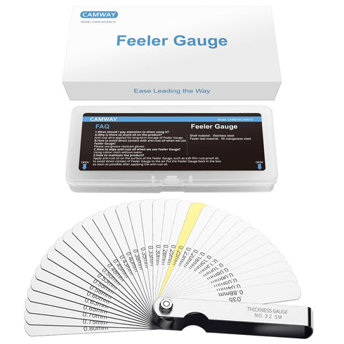 CAMWAY Straight Feeler Gauge, 32 Blades Thickness Gauge Metric Inch 0.04-0.88mm/0.0015-0.035 Inch for Valves, Spark