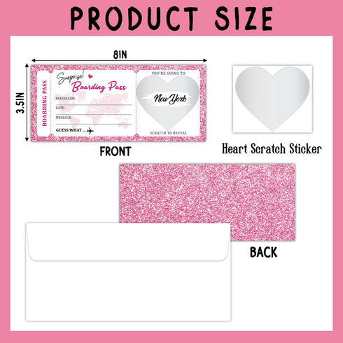5 Set 3.5"x8"Travel Card-002/5 Surprise Trip Reveal Pink Plane Tickets Boarding Pass Ticket with Envelopes, Ticket