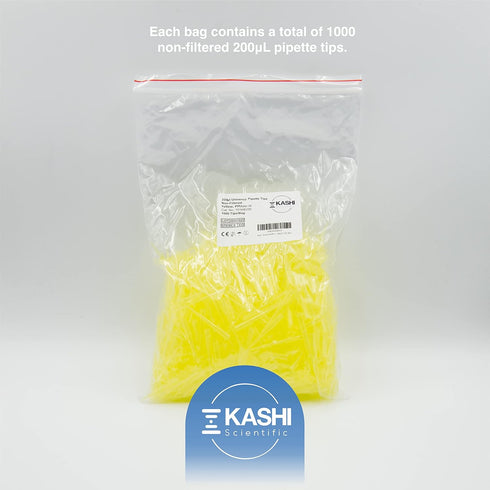 200uL Pipette Tips, Kashi Scientific Universal Non-Filter Tips, Sterile Bulk Pipette Tips, 1000 Tips/Bag