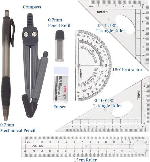 Honbay 8PCS Math Geometry Kit Set for Student, Engineering Drawing - Compass, Mechanical Pencil, Rulers, Protractor