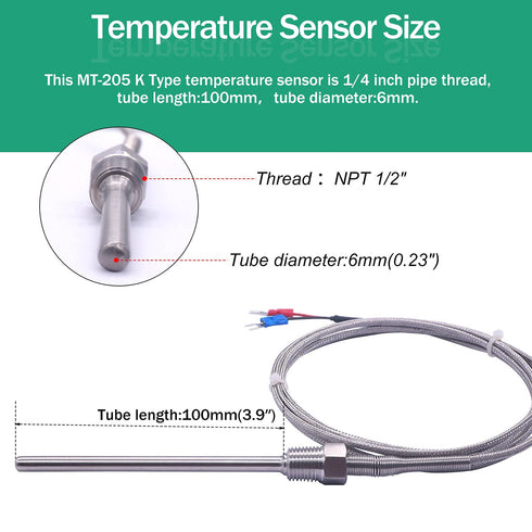 Twidec/2M NPT 1/4"inch (6X100MM) Pipe Thread Temperature Sensor Probe Two Wire Temperature Controller (0~600?) 304 Stainless Steel K Type Thermocouple MT-205-1/4