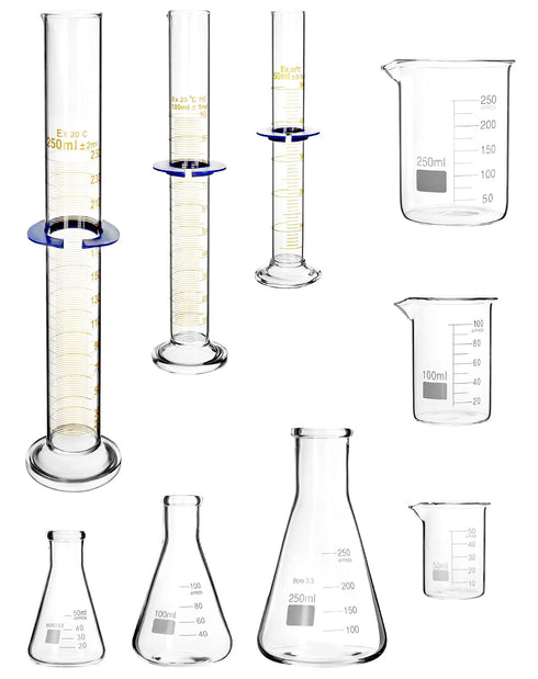 Set, Set, 9 3 3 3 3.3 QWORK Lab Glassware Beaker Flask Cylinder Pieces - Includes Erlenmeyer Flasks, Beakers, & Grade A