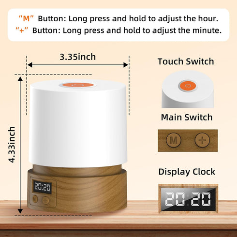 QDPKPI 3 Dimming Nursery Night Light with Clock for Kids, Touch Lamp Bedside Desk Lamp, Portable Breastfeeding Night