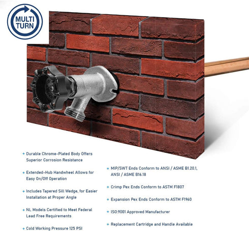 10 Inch 1/2" 3/4" Midline Valve Anti-Siphon Frost-Free Sillcock PEX-A Inlet x Hose Bib Outlet, Chrome-Plated, Lead-Free