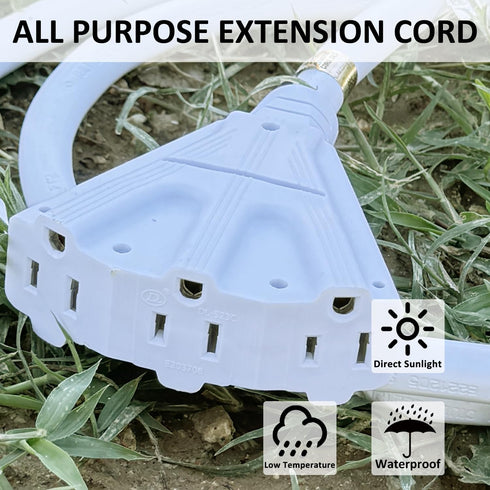 YOJOE White 8 ft Outdoor Extension Cord Multiple Outlets 3 Prong - 16/3 SJTW Waterproof Power Extension Cable