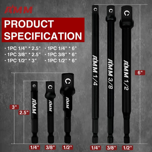 AMM 6-Piece Impact Grade Socket Adapter Set, 3-Inch & 6-Inch Power Drill Socket Driver Adaptor, 1/4", 3/8", 1/2" Hex Shank Adapt Your Power Drill To High Torque Impact Wrench by AMM
