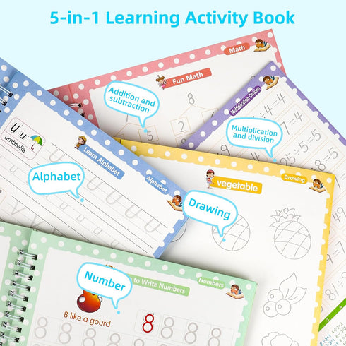 PracticeJQDEN 3-8 3D 5-Book Set Large Reusable Grooved Handwriting Practice Workbooks for Kids Ages Magic Disappearing