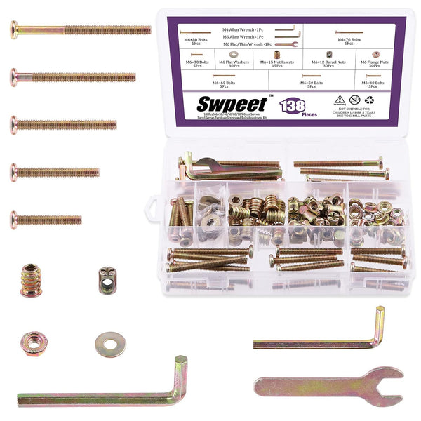 Swpeet 138Pcs M6 x 30/40/50/60/70/80mm Zinc Plated Crib Hardware Screws Kit, Hex Socket