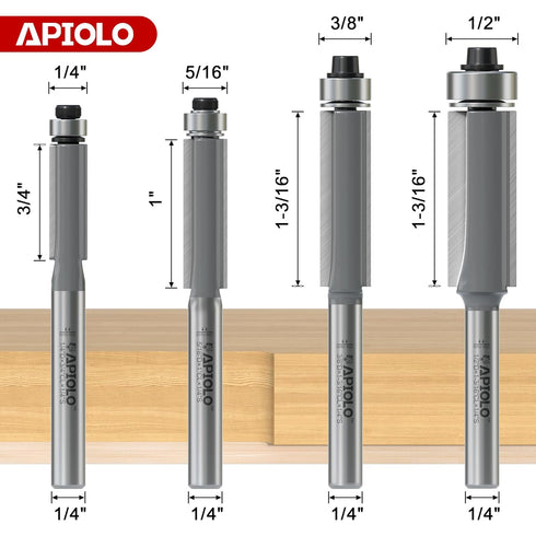 4PCS Set, 1/4 Inch YG6X 24000RPM 1/4" 5/16" 3/8" 1/2" Flush Trim Router Bit Shank Alloy Top Bearing, High Speed