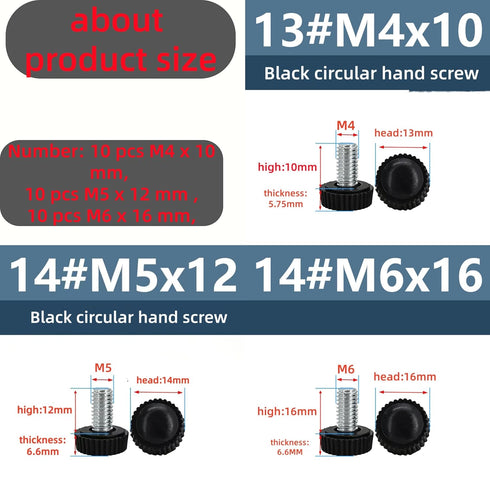 Impnit 30PCS 3 Screw(M4M5M6) Size Threaded Knurled Thumb Screws, Monitor Screws Vesa Screws Carbon Steel Clamping Knobs