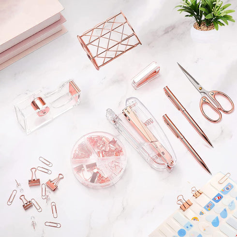 Rose Gold Desk Accessories Set, Acrylic Stapler, Tape Holder, 2 Ballpoint Pens, Scissors, Clips, 1000 Staples