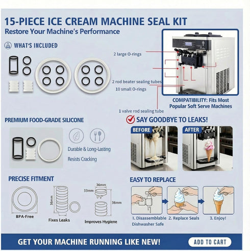 15-Piece Soft Serve Ice Cream Machine Parts, Replacement Kit with Gaskets & O-Rings for Vevor & YIKAFU Ice Cream Maker