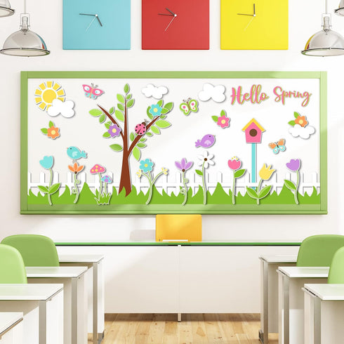 Whaline 116Pcs Spring Bulletin Board Decorations Set Colorful Tree Flower Bird Butterfly Cutouts