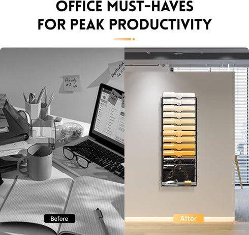 SUPEASY 13-Tier Wall File Organizer, Mesh Office Mail Holder, Hanging Magazine Rack for Office, Assembly Needed, Black.