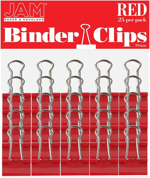 JAM PAPER Small Colorful Binder Clips, 3/4 Inch (19 mm), Red, 25/Pack