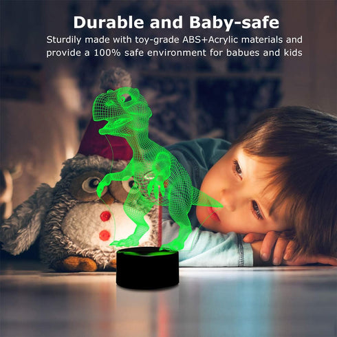 Wiscky 3D 7 Dinosaur Toys Night Light Lamp - Children Kids Gift for Boys, LED Colors Changing Lighting, Touch USB