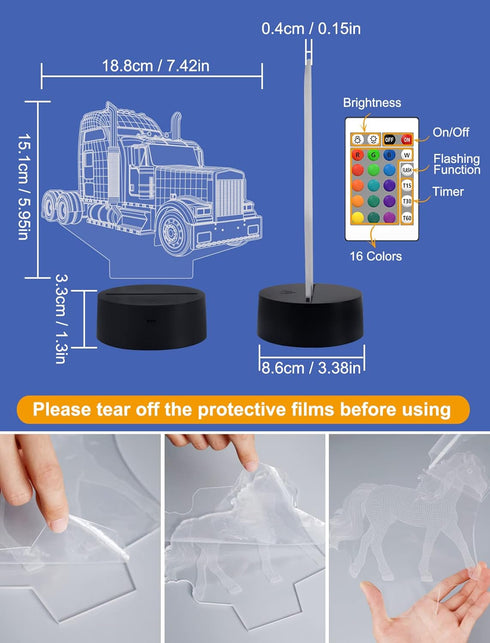3D 16 GIFTOHOLIC Truck Bedside Lamp, Lorry Illusion Hologram Night Light Colors Changing with Remote Control Kids