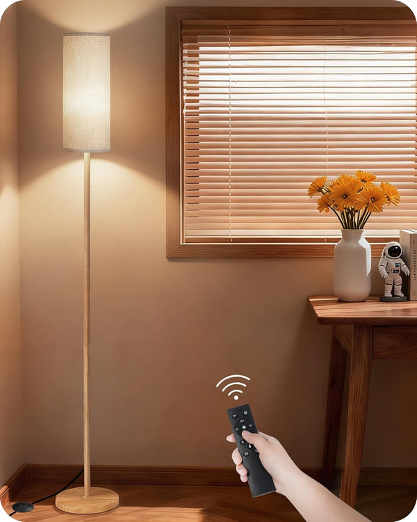 Wooden Textured Pole Lamp, Dimmable Floor Lamps for Living Room with Remote