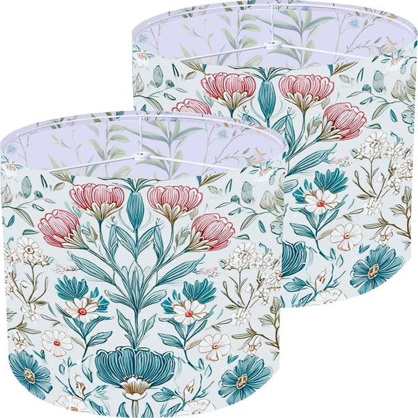 2Pcs Vintage Floral Lampshades Fabric Drum Lamp Shades Flowers Printed Linen Round