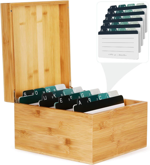 MaxGear Business Card Holder, 5 x 8 Inches Index Card Organizer Box with 4 Dividers, Bamboo, Holds 600 Cards