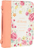 Christian Art Gifts Women's Fashion Bible Cover, He Works All Things for Good Romans 8:28, Peach Floral Faux Leather,
