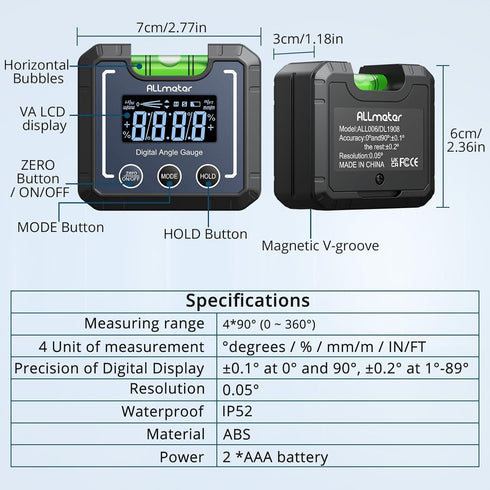 0-360 Digital Angle Finder Level, Magnetic Electronic Gauge Inclinometer Protractor Tool with Bubble Level and