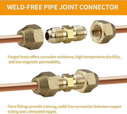 2 Packs AC Copper Pipe Extension Joint Connectors, 3/8-Inch Air Conditioning Pipe Coupling Adapters with Flare Nuts
