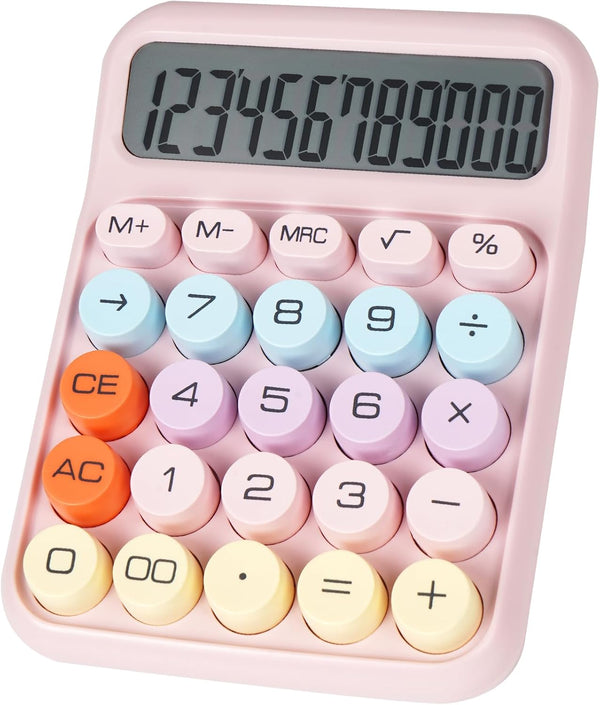 Cute Pink Mechanical Switch Calculator with Big Buttons, 12 Digits, Large LCD Display for Teachers and Students