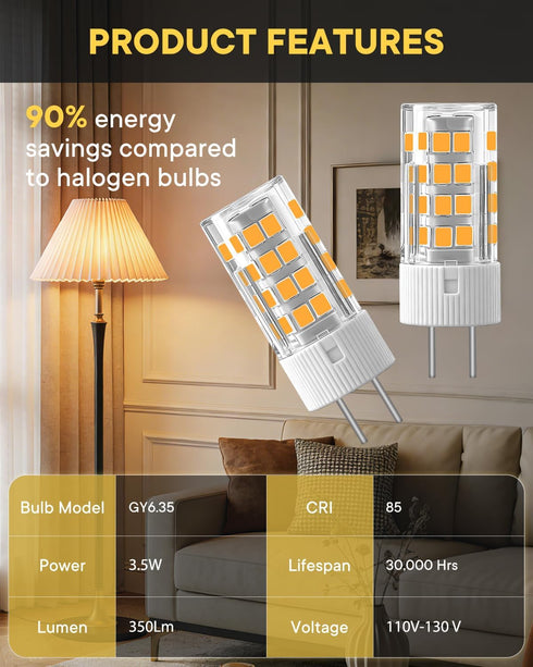 3-Pack GY6.35 Bulbs AC110V-130V GY6.35 T4 3.5W(35W Bulb 350LM,for counters,Chandelier 3000K) LED Bi-pin Base JCD Type