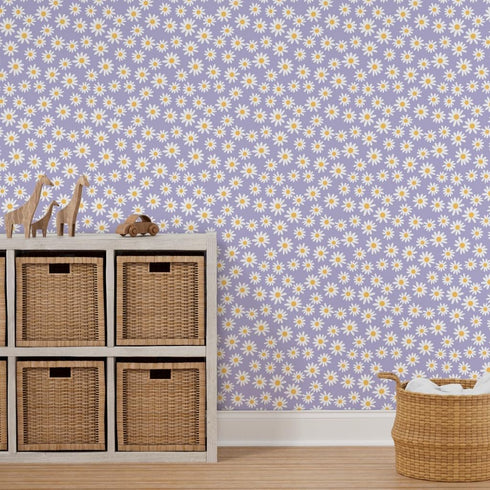 3ft 2ft 90S Y2K Spoonflower Peel & Stick Wallpaper x - Floral Daisies Mini Dollhouse Flowers Purple Lilac Spring Custom