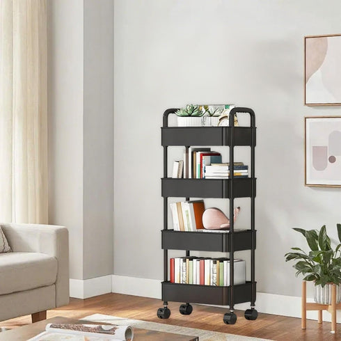 4 Tier Rolling Cart with Wheels, Black Kitchen Cart, Bathroom Carts with Handle, Bedroom Storage Carts, Plastic Storage