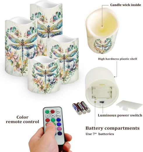 Set 4 Dragonfly Floral Flameless Candles with Remote Timer Flickering LED Pillar Candles Color Changing of Battery