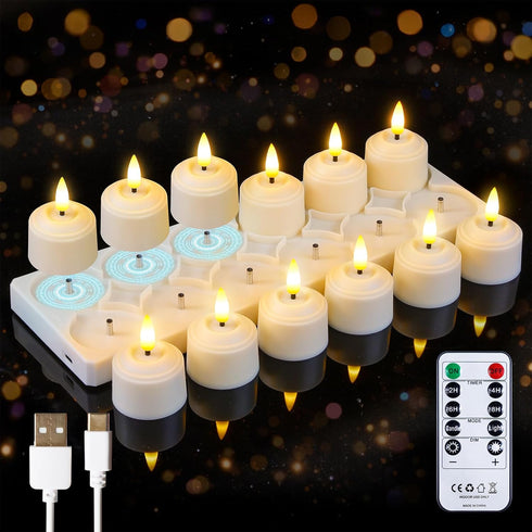 Rechargeable LED Set of 12 Tea Light Remote Candles with Charging Station,