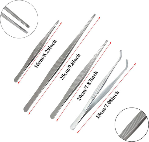 4Pcs 304 Stainless Steel Tweezers: 6" 7" 8" 10" with Precision Serrated Tips for Jewelry, Crafts, and Cooking.