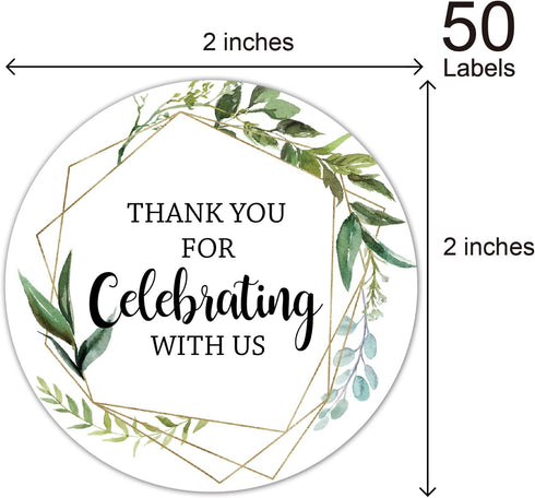 EKSPLODI 2-inch 50-Pack Greenery Thank You Stickers, Round, Paper, Matte Finish, Easy to Peel and Stick, Wedding, Baby