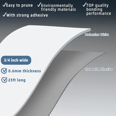 White Melamine Edge Banding, 3/4 inch x 25ft roll of Veneer Edge Banding Pre-glued, Real Wood Tape Banding for Cabinet Repair