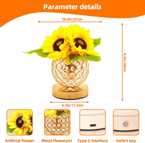 3-Colour Dimming Birthday Gifts for Women,Sunflower Flower Touch Lamp,Rechargeable Cordless Night Light